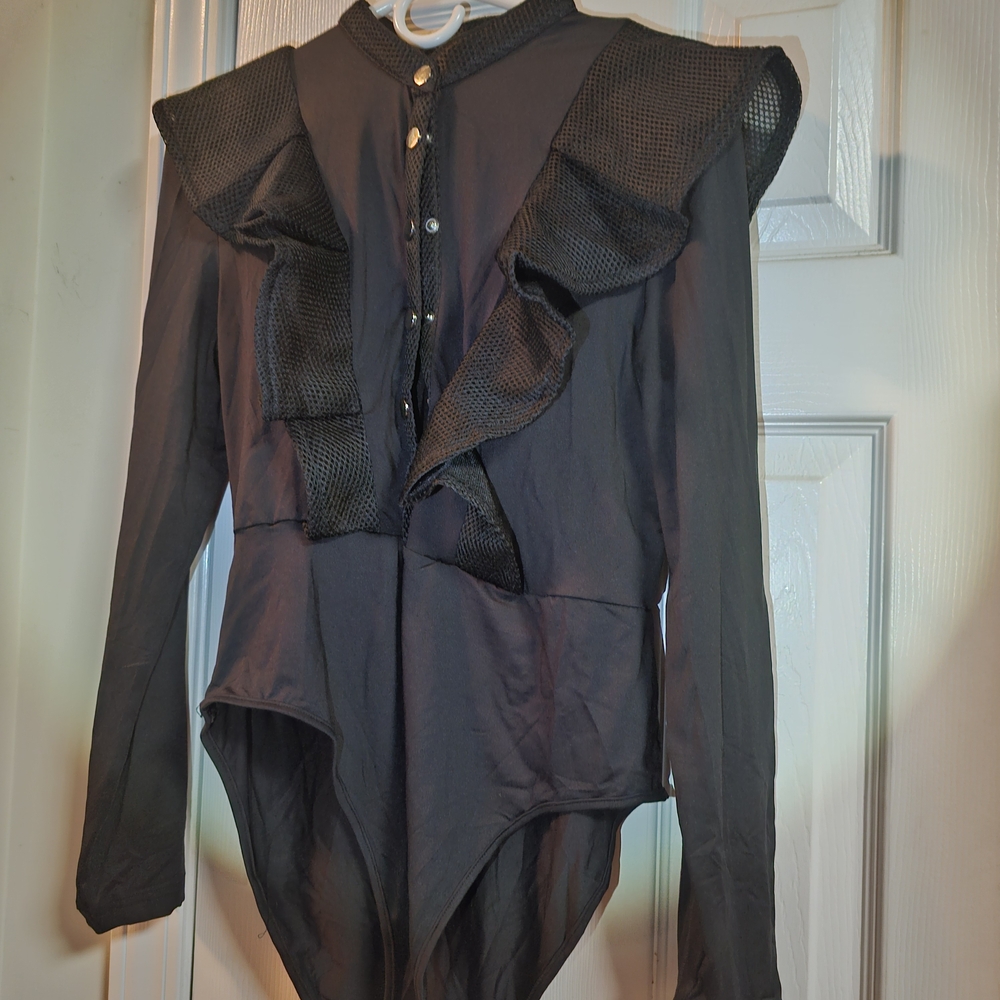 SHEIN Black Ruffled Button Front Mesh Trim Bodysuit.